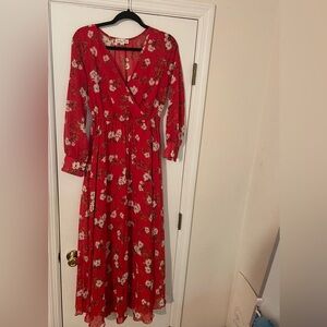 Red Floral Long Sleeve Wrap Dress for Wedding Guest